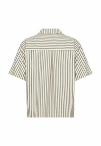 Short-sleeve, collared shirt in cream with brown vertical stripes. Features a back yoke and pleat for added detail. Soft fabric texture.