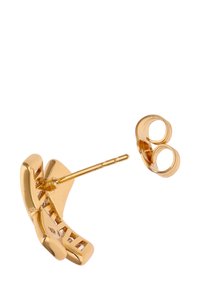 Zlatý náušnicový kůstek s propracovaným designem a vypreparovanými vzory. Obsahuje rovný kolík a kulaté zapínání s motýlkem.