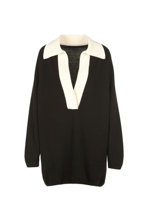 Juodas megztinis su giliu V formos iškirpimu ir kontrastinga balta raukinėta apykakle. Turi ilgas rankoves ir laisvą siluetą. Minkšta tekstūra.