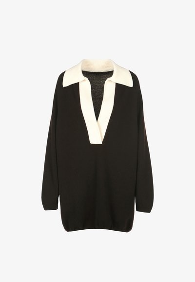 Black sweater with a deep V-neck and contrasting white ribbed collar. Features long sleeves and a relaxed fit. Soft texture.