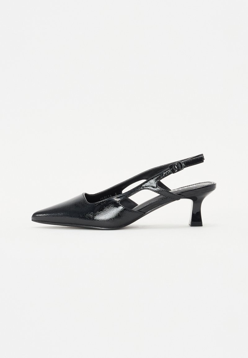 Black patent leather slingback heels with a pointed toe, mid-height block heel, and cut-out design on the sides. Smooth texture.