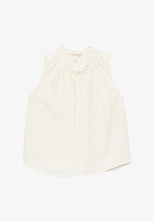 Blouse crème sans manches avec un col rond froufrou et un détail de nouage à l'avant, réalisée en tissu léger texturé.