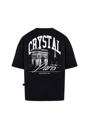 T-shirt in cotone nero con un design grafico che raffigura l'Arc de Triomphe e la Torre Eiffel, con la scritta "CRYSTAL Paris" in grassetto bianco.