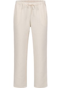 Pantalons amples de couleur beige clair, fabriqués en tissu doux et texturé, dotés d'une taille élastique et d'un cordon de serrage. Comprend deux poches latérales.