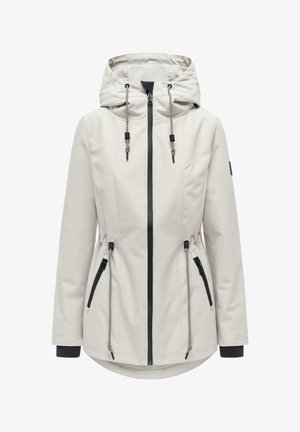 Giacca grigia chiara con cappuccio, zip frontale, coulisse regolabili su cappuccio e vita, tasche laterali con zip e polsini interni neri.