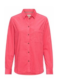 Roze langlopende shirt met lange mouwen, gemaakt van lichte stof, met een knoopsluiting aan de voorkant, een borstzak en een klassiek kraagontwerp.