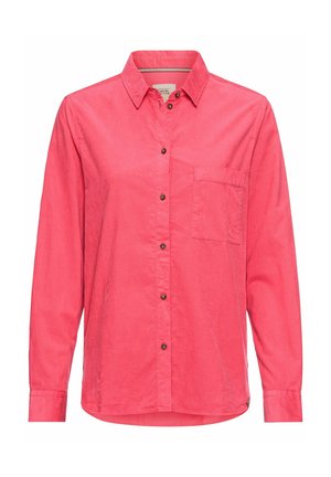 Roze langlopende shirt met lange mouwen, gemaakt van lichte stof, met een knoopsluiting aan de voorkant, een borstzak en een klassiek kraagontwerp.