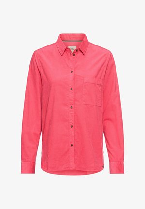 Roze langlopende shirt met lange mouwen, gemaakt van lichte stof, met een knoopsluiting aan de voorkant, een borstzak en een klassiek kraagontwerp.