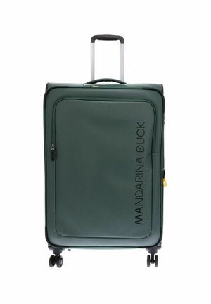 Valise verticale vert foncé avec quatre roues, poignée télescopique, poche avant zippée et logo "MANDARINA DUCK" sur le côté.