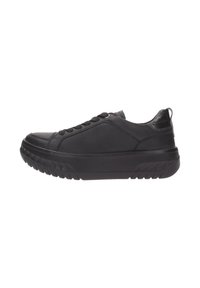 Sneaker nera con tomaia sintetica liscia, punta rotonda, chiusura con lacci, pannelli laterali testurizzati e suola in gomma spessa con motivo di battistrada.