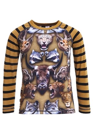 Camicia a maniche lunghe con stampa di animali colorata sulla parte anteriore e maniche a righe nere e dorate. Tessuto in poliestere, scollo rotondo.