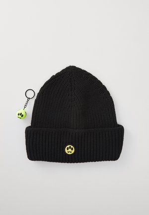 Berretto di lana nera con risvolto, dotato di un logo di faccina sorridente gialla e un portachiavi a pallina neon verde staccabile.