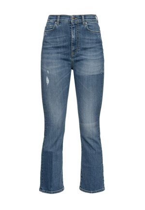 Jean en denim bleu taille haute, légèrement délavé sur les cuisses, fermeture avant par boutons, coupe droite.