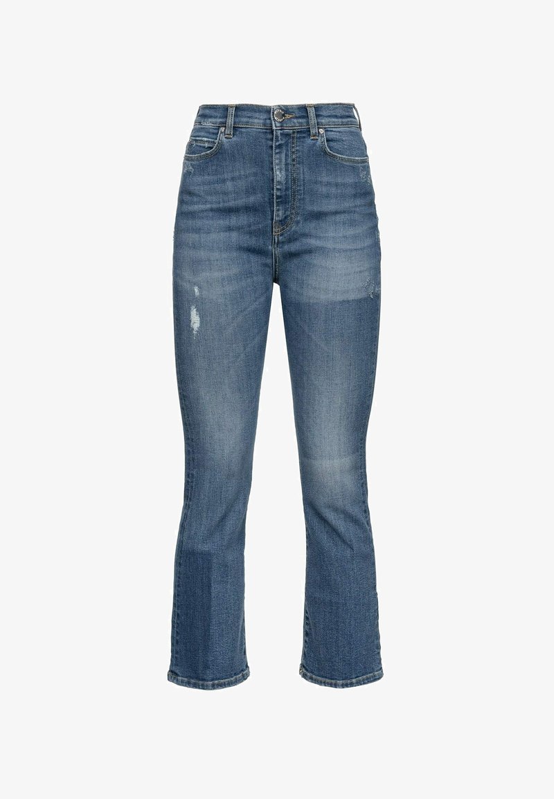 Blauwe spijkerbroek met een hoge taille, lichte slijtage op de dijen, sluiting met knopen aan de voorkant en een rechte pijp.