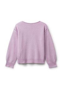 Maglione a maniche lunghe color lilla in maglia con polsini e orlo a coste, caratterizzato da sottili fori decorativi lungo le cuciture delle maniche, mostrato da dietro.