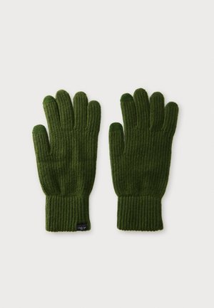 Paire de gants en maille verte avec poignets côtelés et bouts compatibles avec écran tactile au pouce et à l'index.