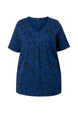 Modrá krátký rukáv s černým květinovým vzorem, výstřihem do V a předním skladem.