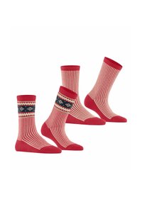 Rote gemusterte Socken mit einem gerippten Bund, die ein geometrisches Design in Rot, Weiß und Blau aufweisen und eine strukturierte Strickart präsentieren. Set aus drei Paaren.