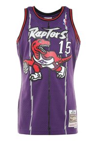 Toronto Raptors basketttröja i lila med röd dinosaurie som håller i en basketboll, nummer 15, och NBA-logotyp på axeln.