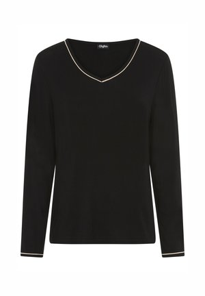 Schwarzes Langarmshirt mit V-Ausschnitt und dünnem beigen Besatz entlang des Halsausschnitts und der Ärmelbündchen, schlichtes Design, aus weichem Stoff gefertigt.