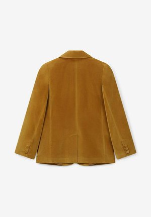 Mustard yellow velvet blazer with a notched collar, long sleeves, and three-button cuffs. Smooth texture and tailored fit.
