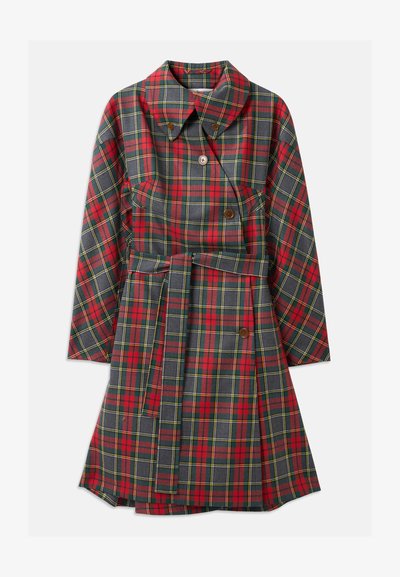 Punane ja hall ruuduline sall, krae, pikad varrukad, kaks nuppu, vöö ja taskud. Kangas on sileda tekstuuriga ja ruudulise mustriga.