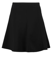 Jupe évasée noire en tissu lisse, dotée d'une taille ajustée et de détails de couture, avec une silhouette en A pour un ajustement décontracté.