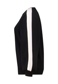 Zwarte trui met ronde hals, lange mouwen en contrasterende witte en lichtroze strepen aan de zijkanten. Geribbelde manchetten en zoom.