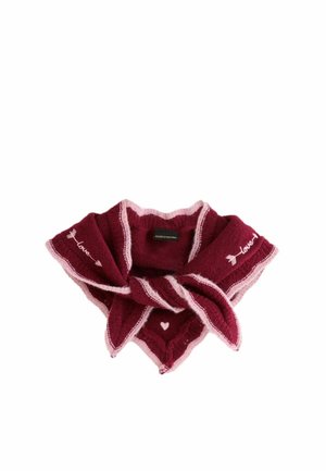 Bordeaux- und rosa gestrickter Schal mit Herzdetail und dem Wort "love", mit Pfeilen an beiden Enden bestickt.