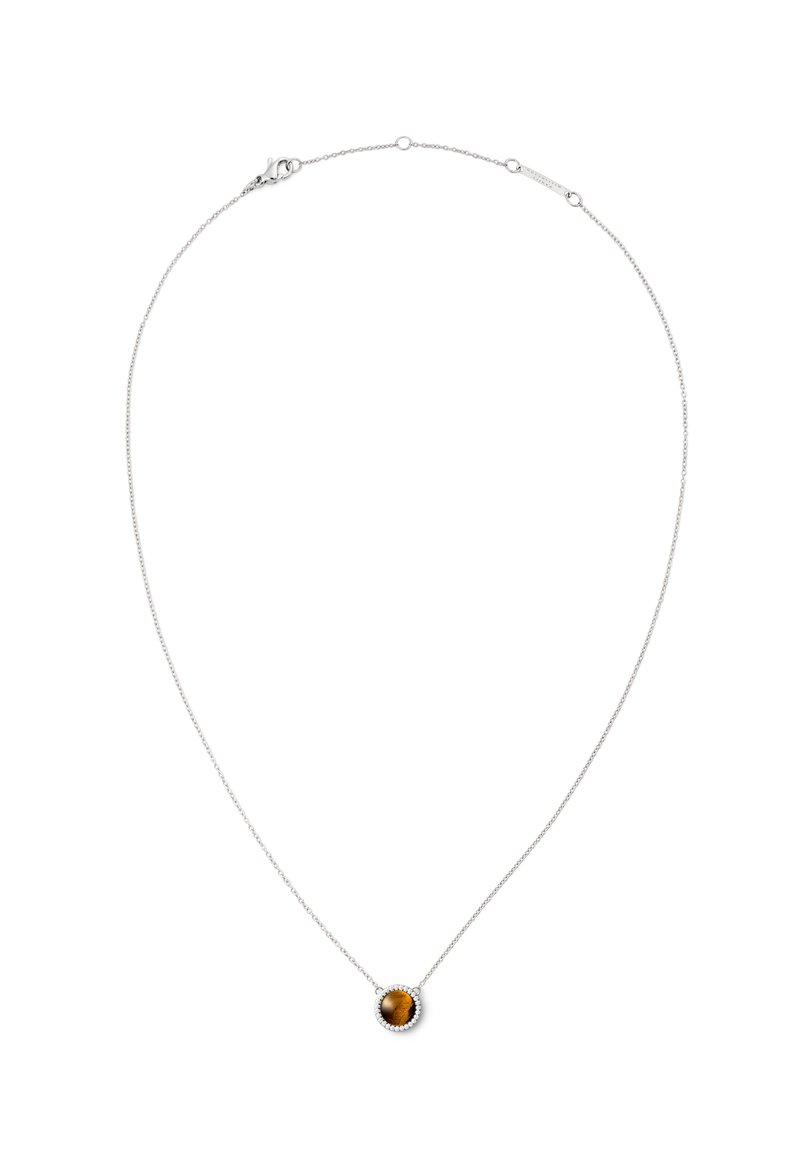 Collana in argento con pendente rotondo in pietra marrone, circondato da una cornice in argento texturizzato, con chiusura a gancio sicura.