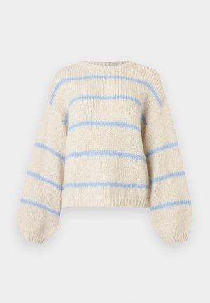 Κρεμ πουλόβερ με ανοιχτό γαλάζιες ρίγες, στρογγυλεμένο λαιμόκοψη, μακριά μπαλονόμανικα και ριμπ τελείωμα. Πλεκτή υφή, άνετη γραμμή.