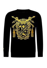 Zwarte sweatshirt met een goudkleurig schildontwerp en de tekst "LOCAL FANATIC", met fijne details en lange mouwen. Zachte textuur.