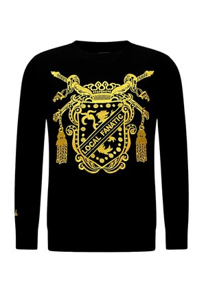 Zwarte sweatshirt met een goudkleurig schildontwerp en de tekst "LOCAL FANATIC", met fijne details en lange mouwen. Zachte textuur.