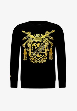 Zwarte sweatshirt met een goudkleurig schildontwerp en de tekst "LOCAL FANATIC", met fijne details en lange mouwen. Zachte textuur.