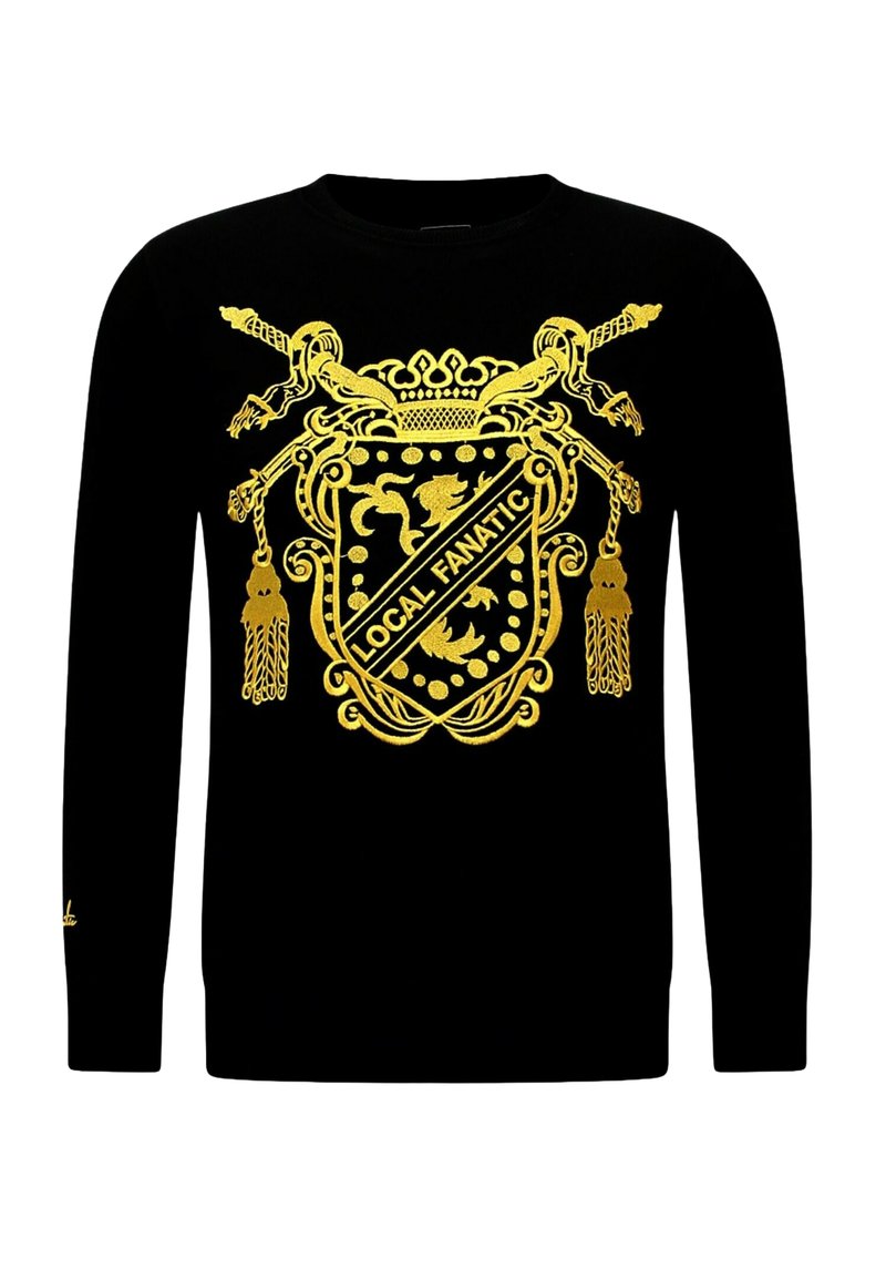 Zwarte sweatshirt met een goudkleurig schildontwerp en de tekst "LOCAL FANATIC", met fijne details en lange mouwen. Zachte textuur.