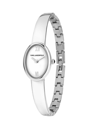 Orologio da polso ovale in argento con quadrante bianco minimalista, numeri romani a ore 12 e 6 e logo Karl Lagerfeld sul bracciale in metallo.