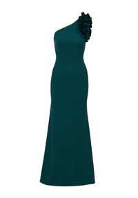 Večerní šaty na jedno rameno z tmavě tyrkysové látky, s volánkovým akcentem na rameni a přiléhavým, dlouhým střihem až na zem.