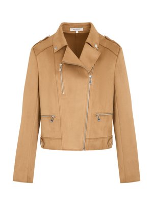 Tan cropped motorjack met asymmetrische zilveren ritsen, geritste borst- en zijzakken, kraag met drukknopen en schouderepauletten.