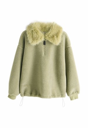 Světlý zelený fleecový pulovr s límcem z umělé kožešiny, předním polozipem a elastickými manžetami. Šňůrka na spodním lemu pro nastavení střihu. Měkká textura.