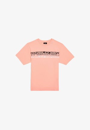 Jasnoróżowa bawełniana koszulka T-shirt z okrągłym dekoltem. Posiada odważny, wielokolorowy nadruk z grafiką "O’Neill" na piersi.