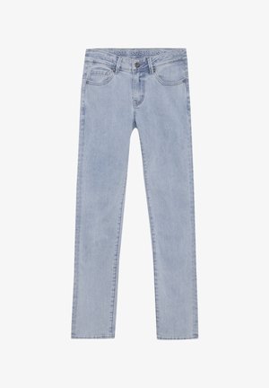 Jean slim bleu clair avec poches avant, passants de ceinture et fermeture par bouton et zip.
