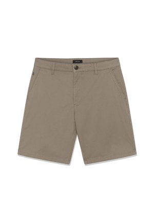 Beige casual shorts with belt loops, front button and zipper closure, and angled side pockets, displayed flat on a white background.