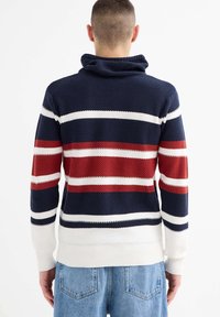 Hombre con un suéter de punto texturizado con franjas horizontales en azul marino, rojo y blanco, y jeans azul claro, de espaldas a la cámara.