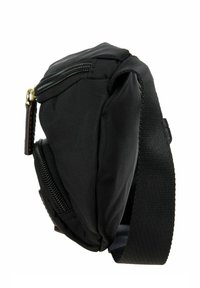 Borsa in tessuto nero con forma rettangolare, dotata di cerniere esterne, cuciture resistenti e una tracolla regolabile. Texture liscia opaca.