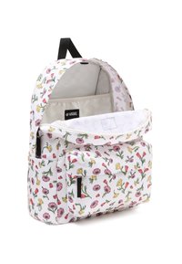 Sac à dos floral en tissu blanc avec des motifs de fleurs colorées. Il possède une poche avant, une poignée supérieure et des bretelles réglables.