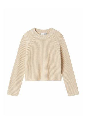 Maglione lavorato a maglia beige con scollo a girocollo, maniche lunghe a raglan e texture a coste. Lunghezza cropped con vita ampia.