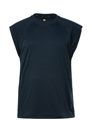 Marineblaues ärmelloses Sportoberteil mit einem runden Ausschnitt, glatter Textur und Raglanärmeln. Verfügt über ein kleines Markenetikett am Saum.