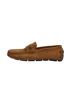 Brown suede men's loafer with black rubber sole and stitched detailing, side profile view.