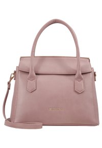 Růžová kožená kabelka s dvojitými uchy, odnímatelným ramenním popruhem, zlatými detaily a minimalistickým designem. Obsahuje klopové zapínání a logo.