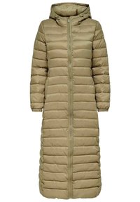 Abrigo acolchado largo en color beige, con capucha, cremallera frontal completa y puños elásticos, diseñado para climas fríos.